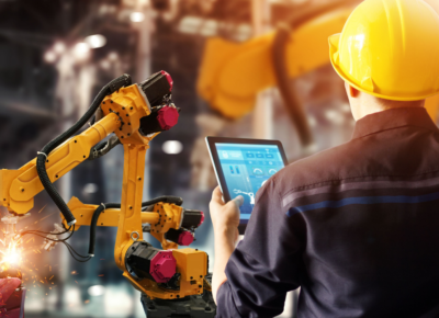 Automation inline image showing a worker in a hardhat monitoring an automated manufacturing robot