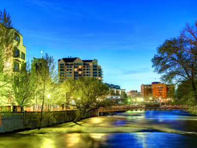 Reno offers a favorable tax climate innline image showing the Truckee River in downtown Reno at dusk